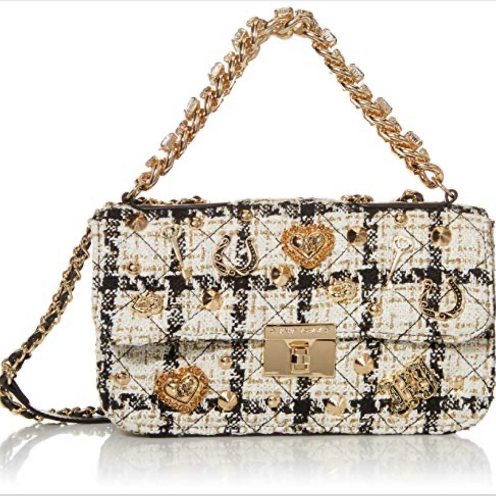 Betsey Johnson Tweed Black White Shoulder & Handle Bag Purse Rhinestone Strap